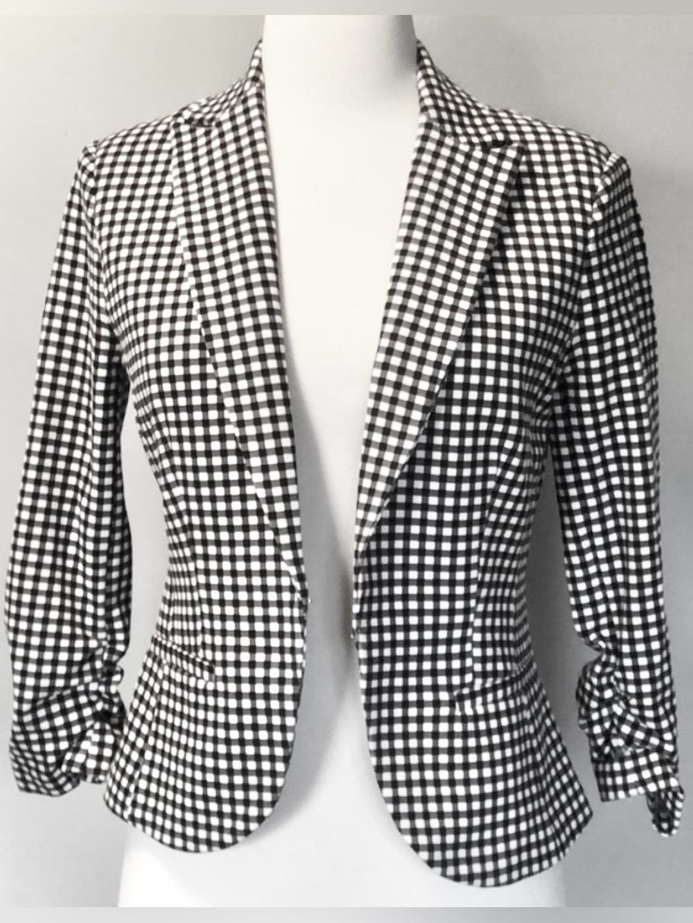 Amanda Chelsea Checked Gingham Short Blazer Soft Stretch Ruched Sleeve Jacket M